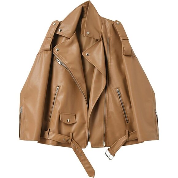 Jackets & Blazers - Women's Brown 1 Faux Leather Lapel Collar Zip Up Long Sleeve Short Coat Jacket